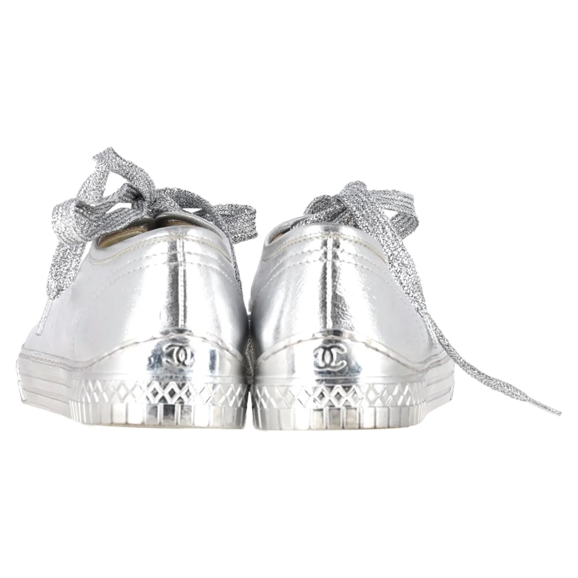 Chanel Metallic CC Logo Low Top Sneakers in Silver Leather