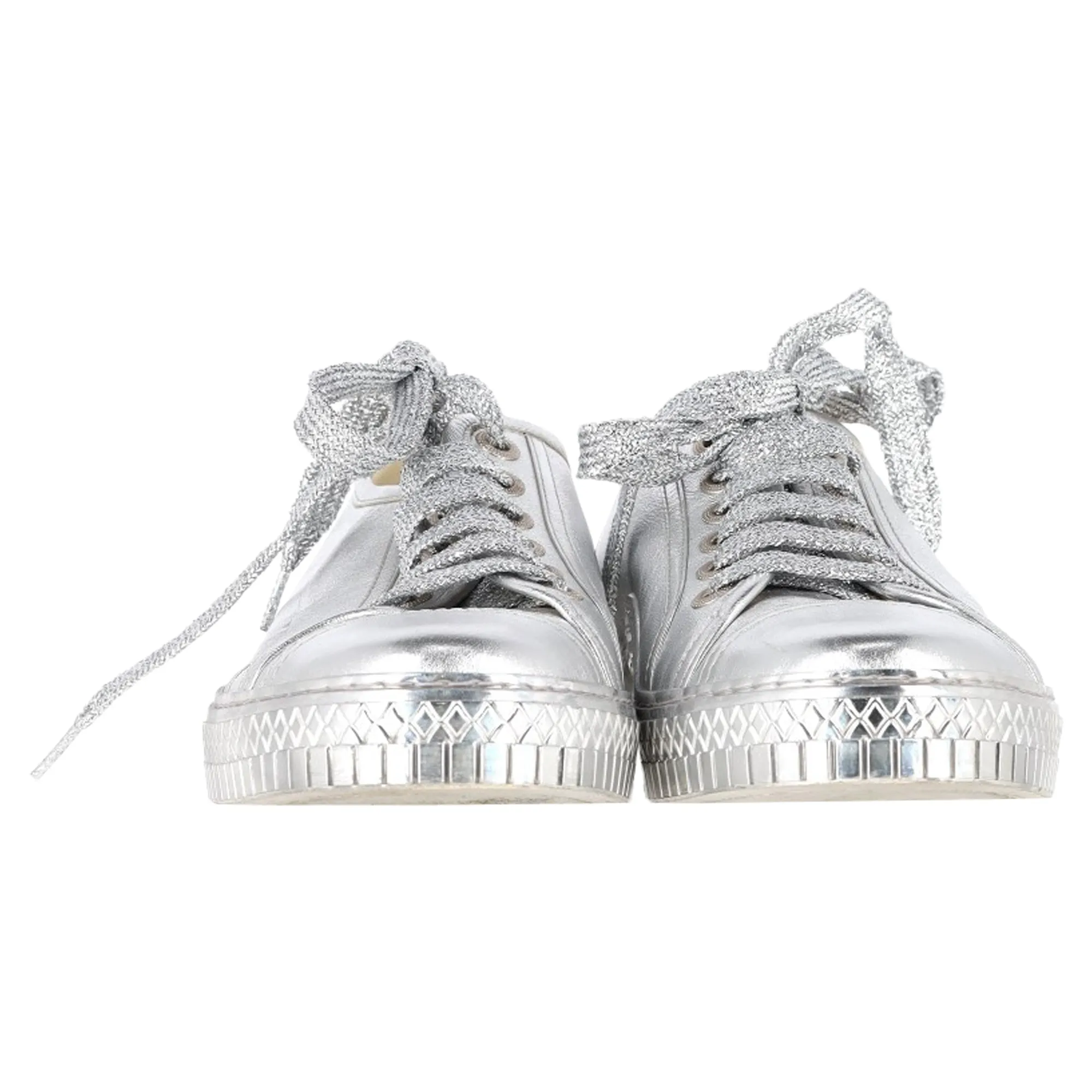 Chanel Metallic CC Logo Low Top Sneakers in Silver Leather