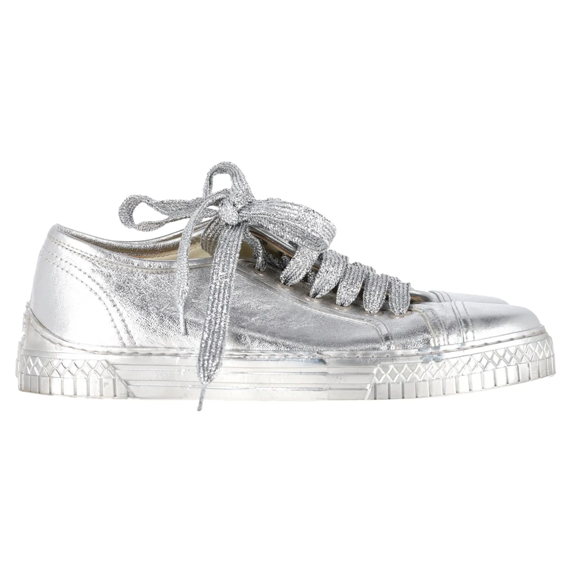 Chanel Metallic CC Logo Low Top Sneakers in Silver Leather