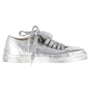 Chanel Metallic CC Logo Low Top Sneakers in Silver Leather