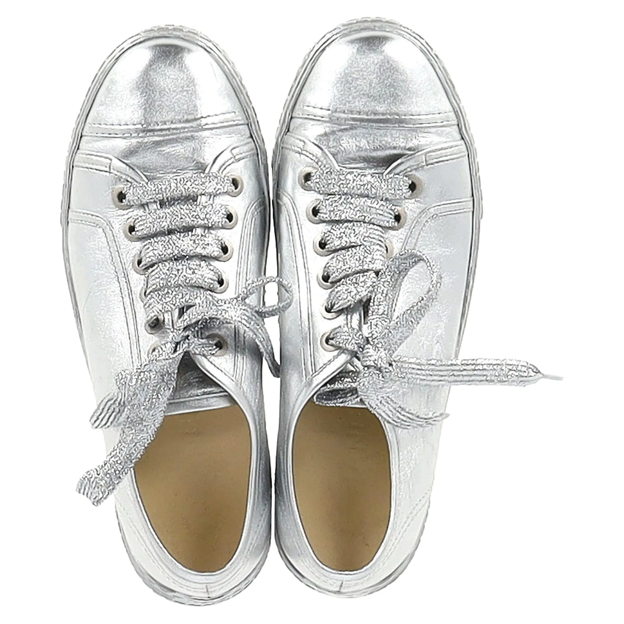 Chanel Metallic CC Logo Low Top Sneakers in Silver Leather