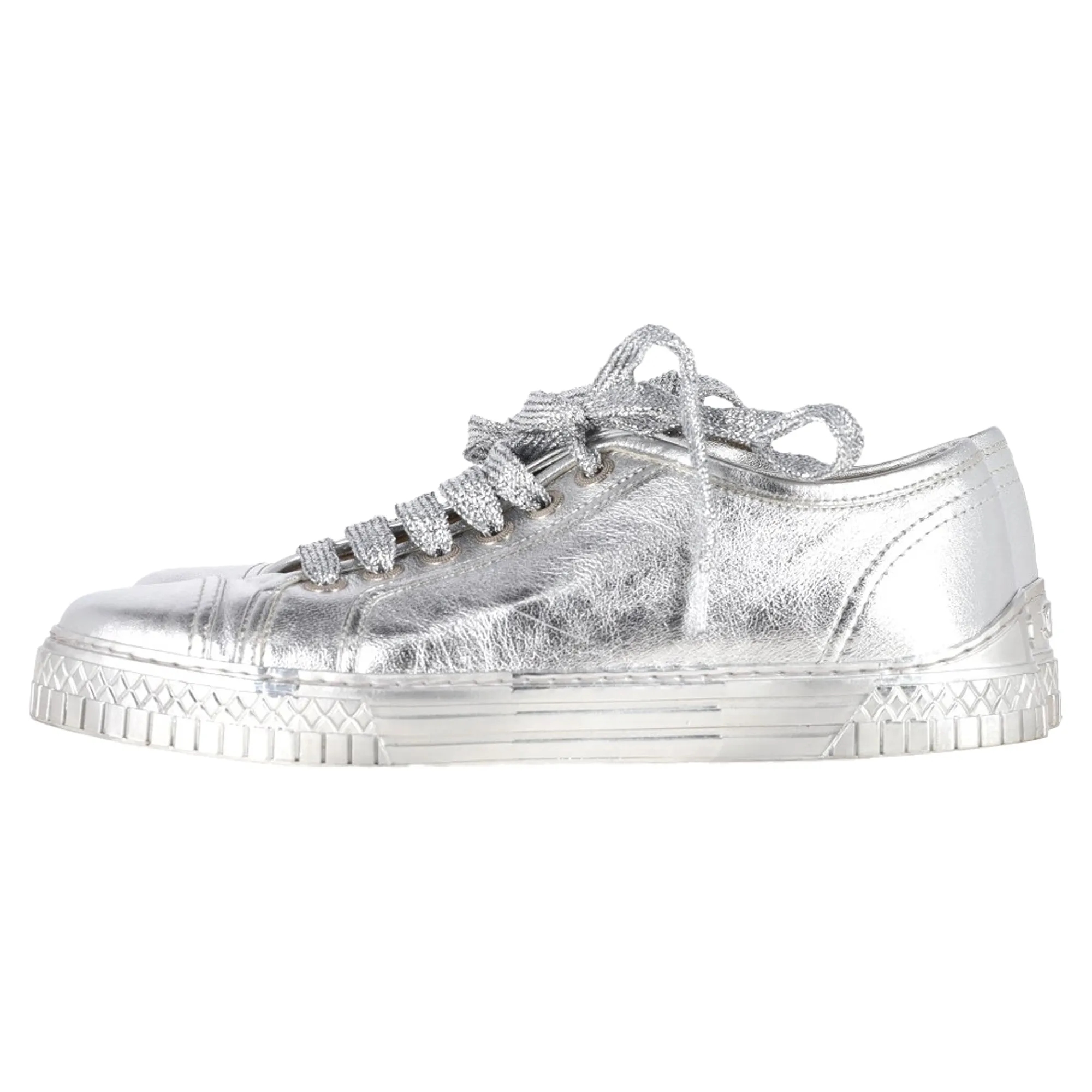 Chanel Metallic CC Logo Low Top Sneakers in Silver Leather