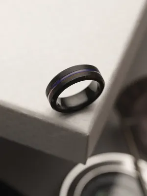 Men Black Blue Grooved Centre Band Ring