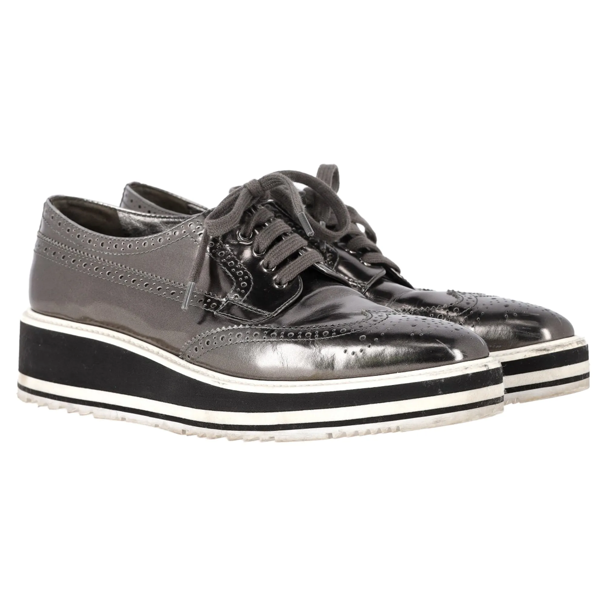 Prada Metallic Brogue Platform Low Top Sneakers in Silver Leather