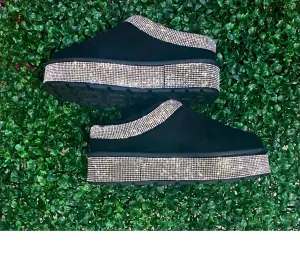 Women's Bling & Cozy Rhinestone Platform Mules In Black