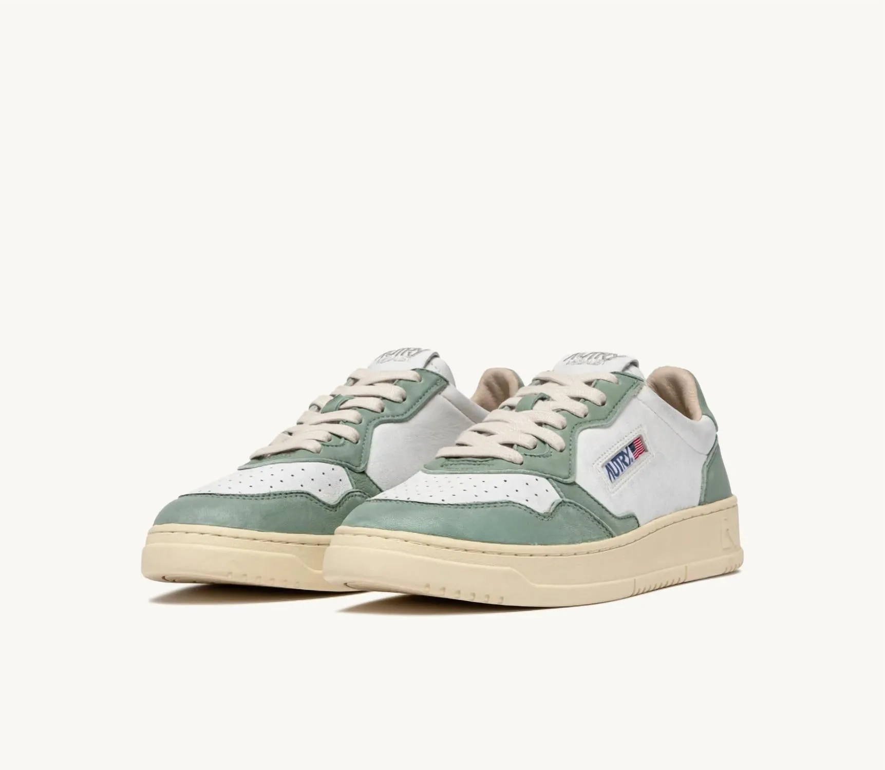 Women's Medalist Low Sneaker In White And Green Washed Goatskin