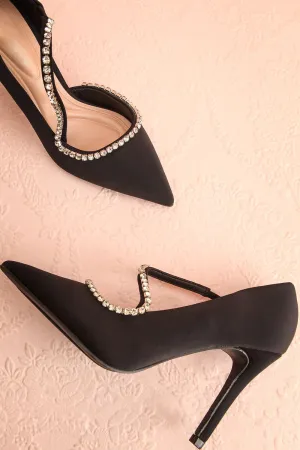 Zulana | Black Pointed Toe Heels w/ Crystals
